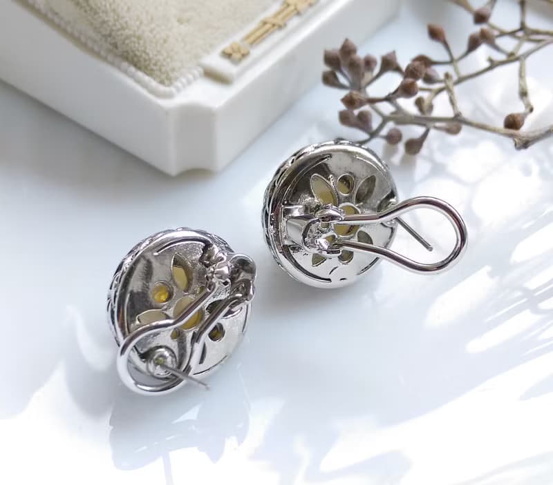 Vintage Jewelry 西洋古董飾品 銀色調 厚實 仿珠 針式耳環