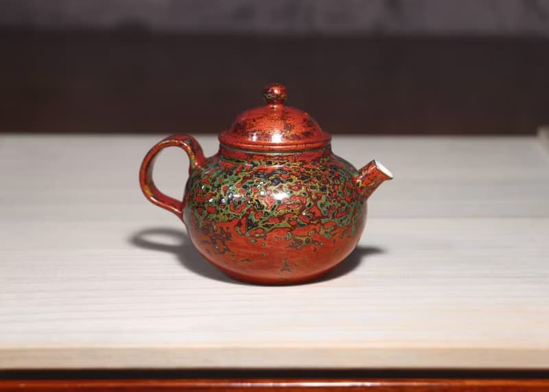 精品非遺大漆茶壺 秋海棠犀皮漆螺鈿蛋殼鑲嵌 漆器瓷胎正把後手壺