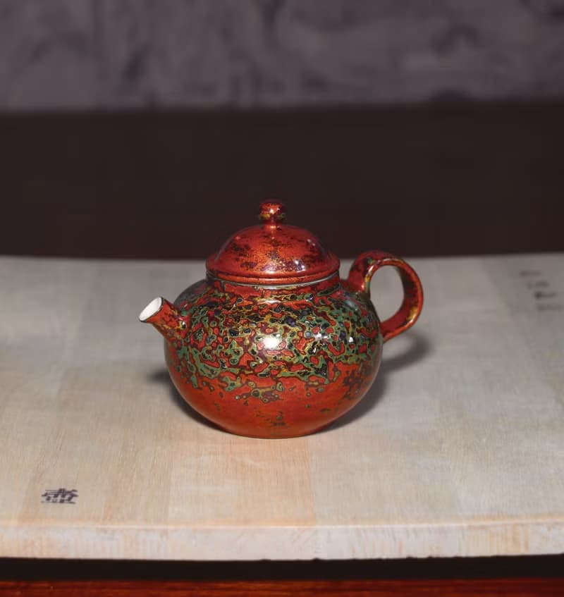 精品非遺大漆茶壺 秋海棠犀皮漆螺鈿蛋殼鑲嵌 漆器瓷胎正把後手壺