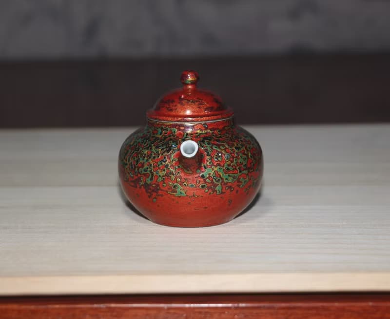 精品非遺大漆茶壺 秋海棠犀皮漆螺鈿蛋殼鑲嵌 漆器瓷胎正把後手壺