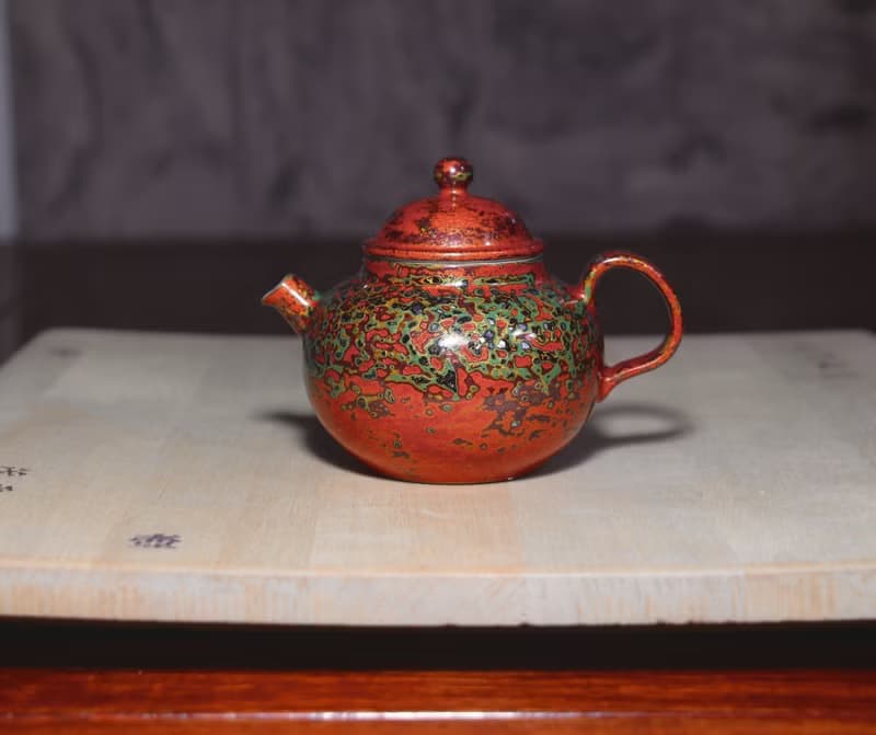 精品非遺大漆茶壺 秋海棠犀皮漆螺鈿蛋殼鑲嵌 漆器瓷胎正把後手壺