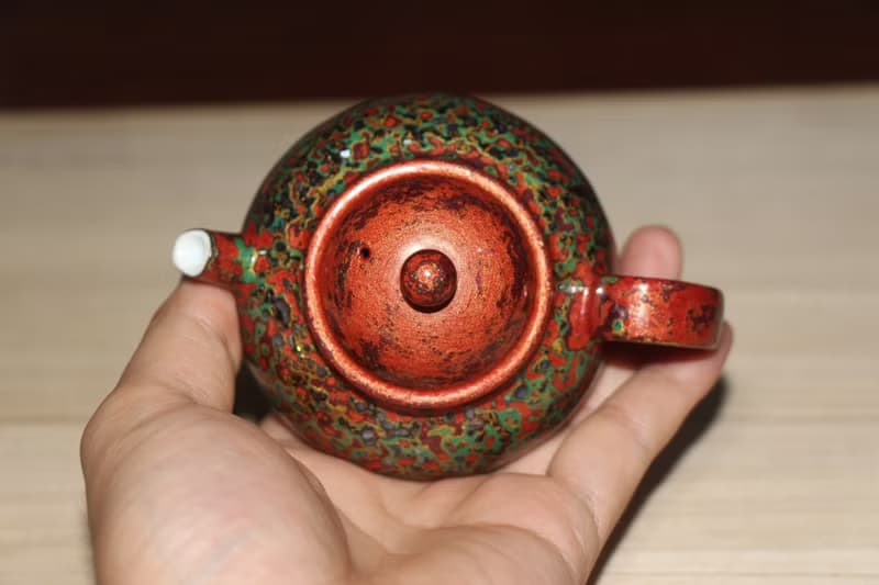 精品非遺大漆茶壺 秋海棠犀皮漆螺鈿蛋殼鑲嵌 漆器瓷胎正把後手壺