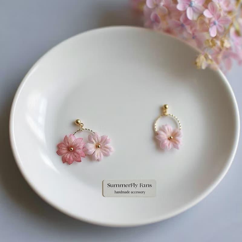 精緻上班族 絹花粉色櫻花不對稱浪漫文藝耳環
