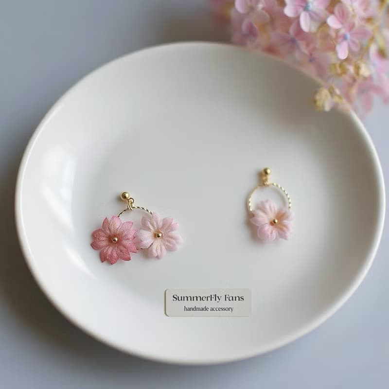 精緻上班族 絹花粉色櫻花不對稱浪漫文藝耳環
