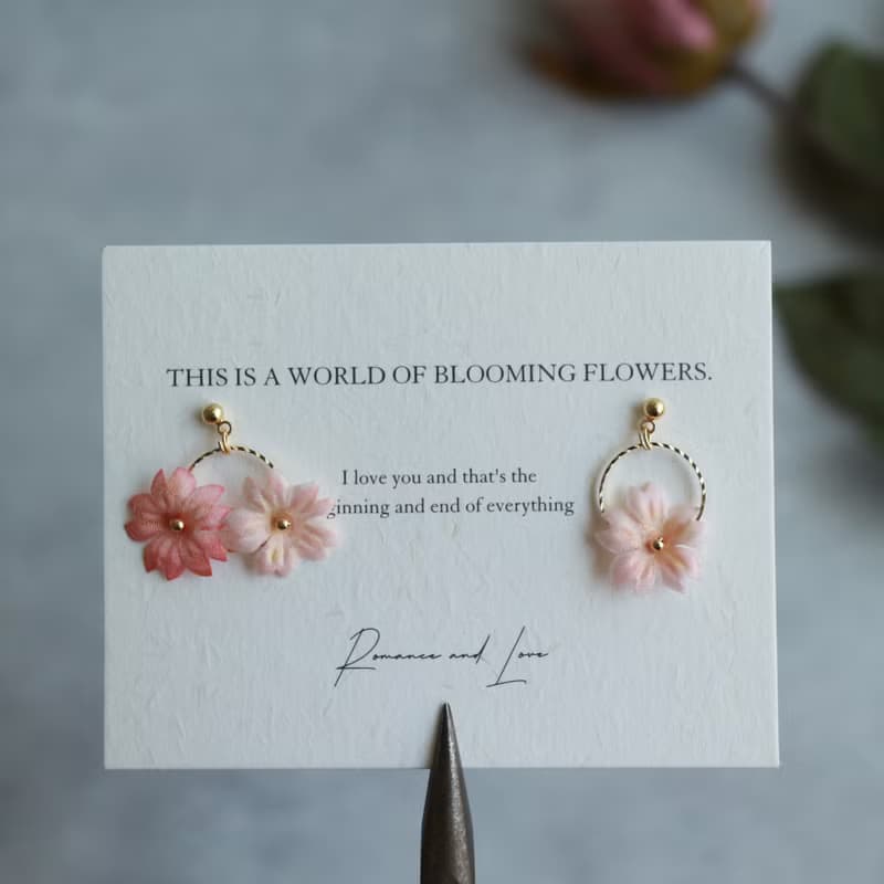 精緻上班族 絹花粉色櫻花不對稱浪漫文藝耳環