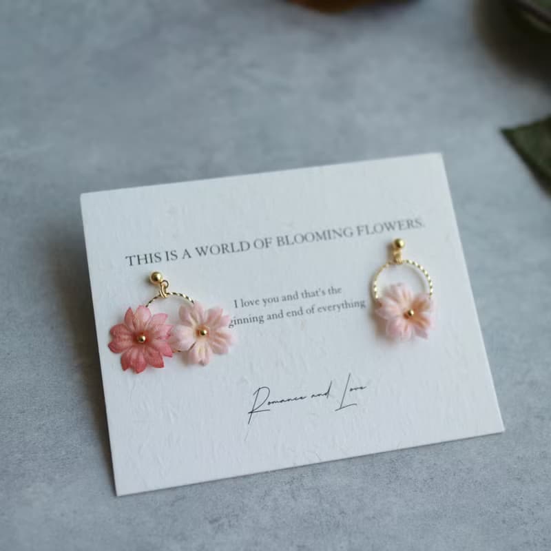 精緻上班族 絹花粉色櫻花不對稱浪漫文藝耳環