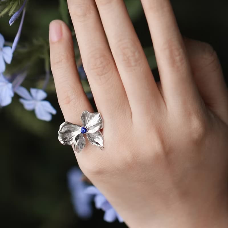 冥想花園系列花朵蝴蝶結戒指925銀鍍白金開口可調節尾戒原創手工