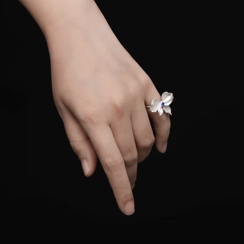 冥想花園系列花朵蝴蝶結戒指925銀鍍白金開口可調節尾戒原創手工