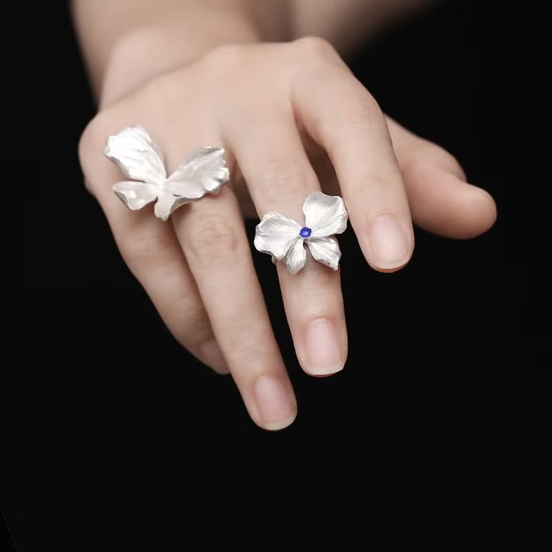冥想花園系列花朵蝴蝶結戒指925銀鍍白金開口可調節尾戒原創手工