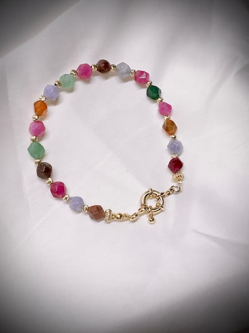 C&W 天然多切角鑽面多巴胺彩虹碧璽氣質高雅甜美OT扣手環手鏈