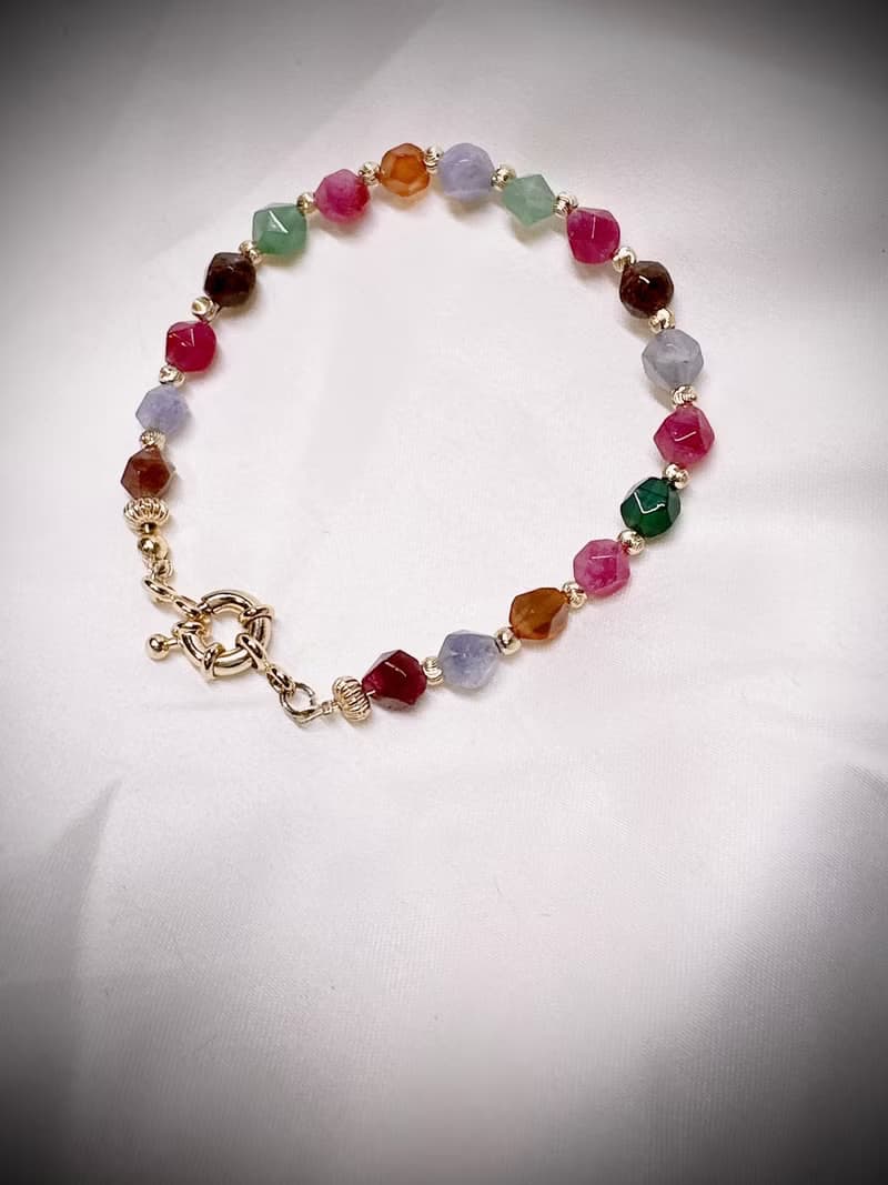 C&W 天然多切角鑽面多巴胺彩虹碧璽氣質高雅甜美OT扣手環手鏈