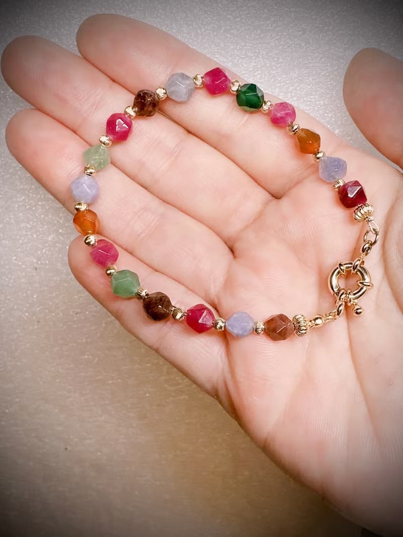 C&W 天然多切角鑽面多巴胺彩虹碧璽氣質高雅甜美OT扣手環手鏈