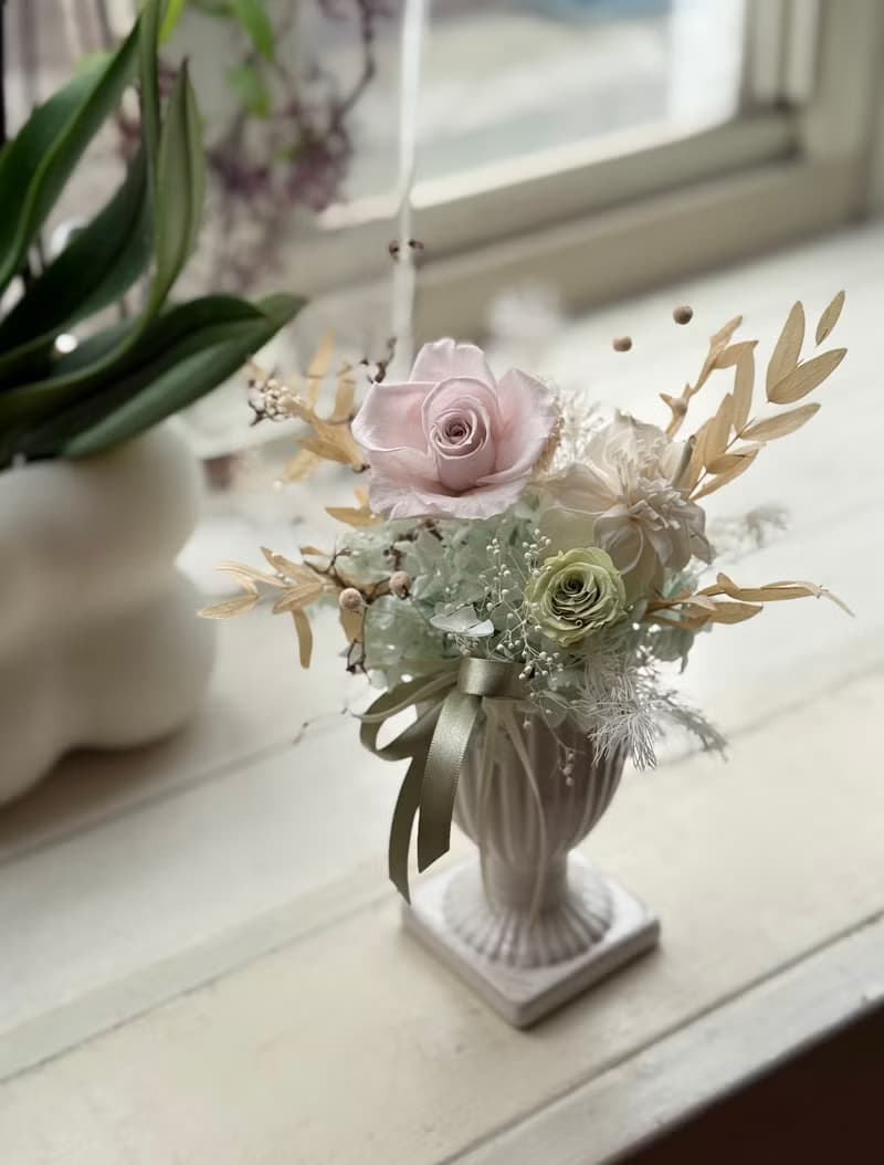 永生盆花 灰藍綠色 乾燥花 永生花 開幕盆花 新居落成花禮 桌花