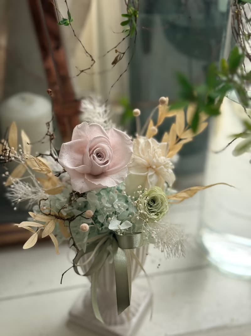 永生盆花 灰藍綠色 乾燥花 永生花 開幕盆花 新居落成花禮 桌花