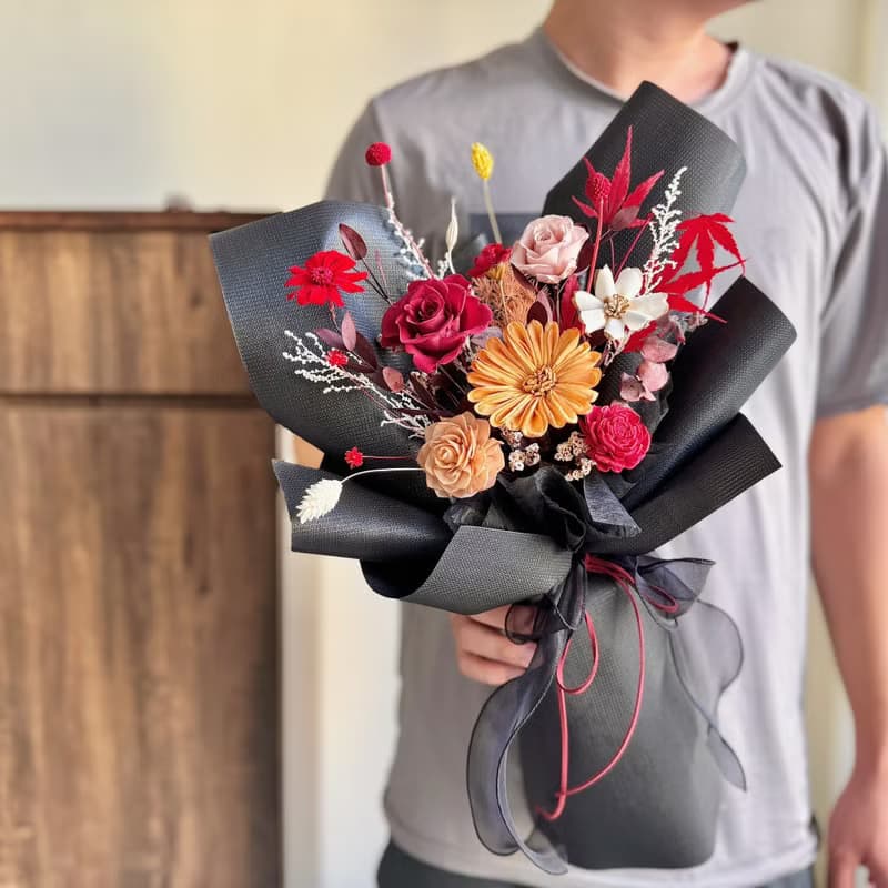 楓 紅黑色系 永生玫瑰花束