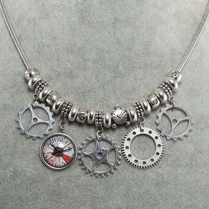 Steampunk Silver Watch Parts Gears Watch Face Charm Necklace Jewelry Accessories