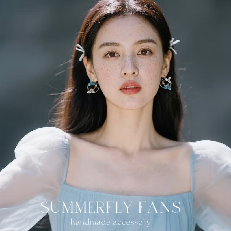 歐式復古 手工樹脂花朵小鳥花園耳環耳圈 藍色7