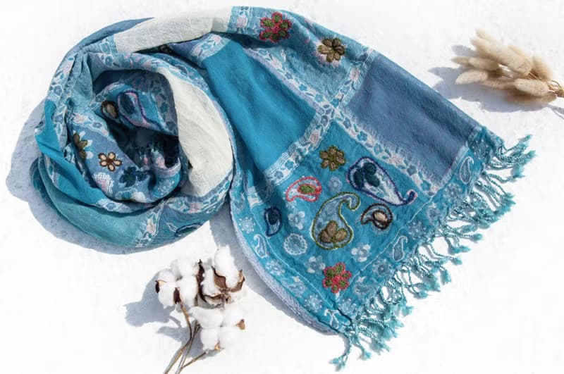 克什米爾 喀什米爾Cashmere刺繡羊毛披肩 針織圍巾 刺繡圍巾-花朵