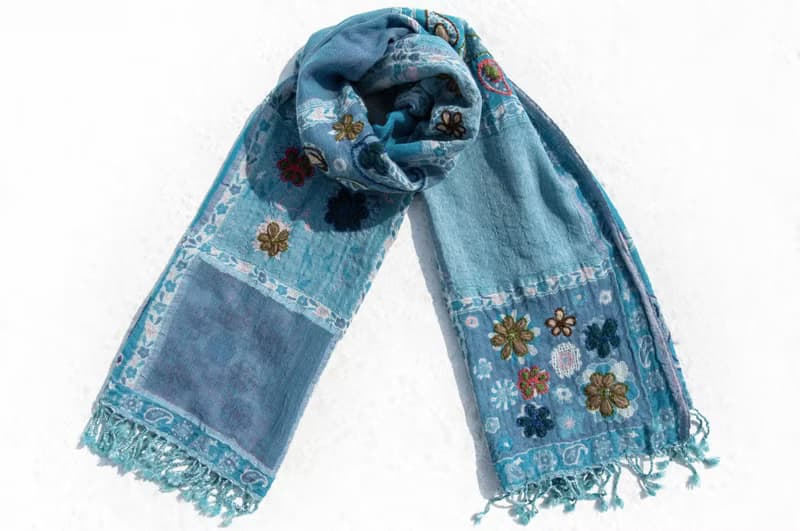 克什米爾 喀什米爾Cashmere刺繡羊毛披肩 針織圍巾 刺繡圍巾-花朵