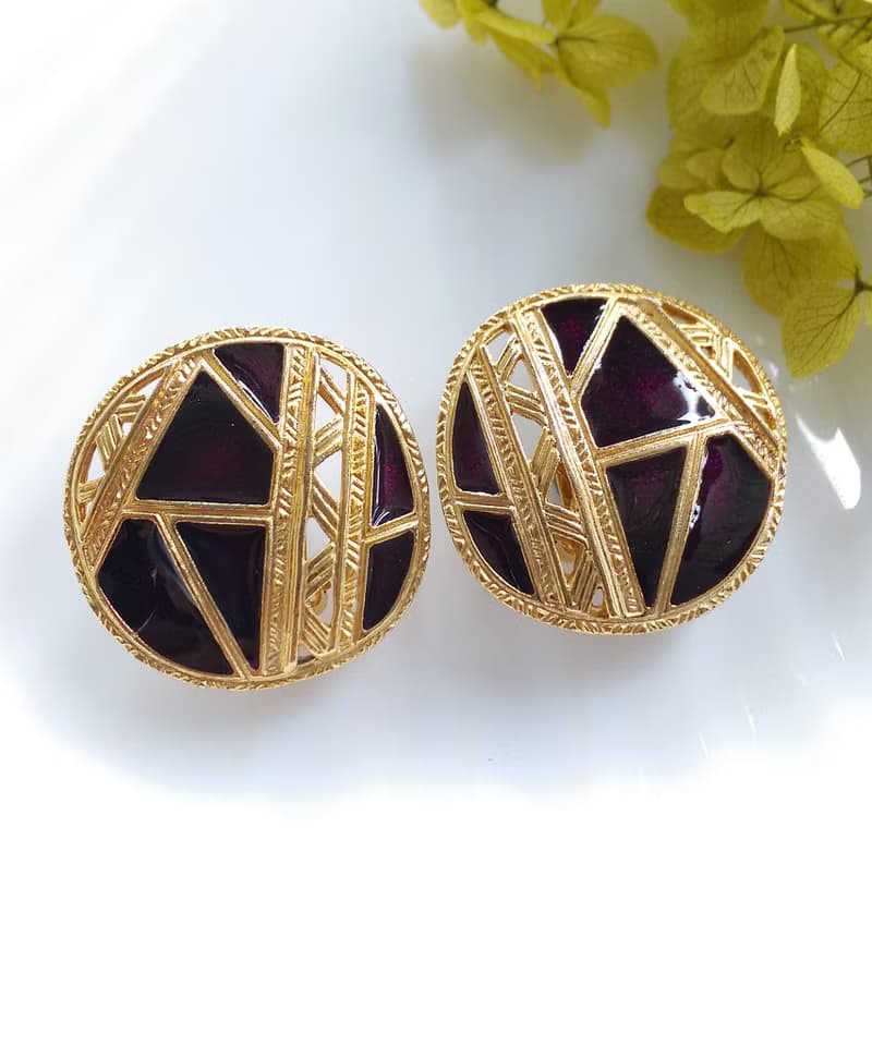 Vintage Jewelry 西洋古董飾品 BEREBI 幾何深紫琺瑯 夾式耳環