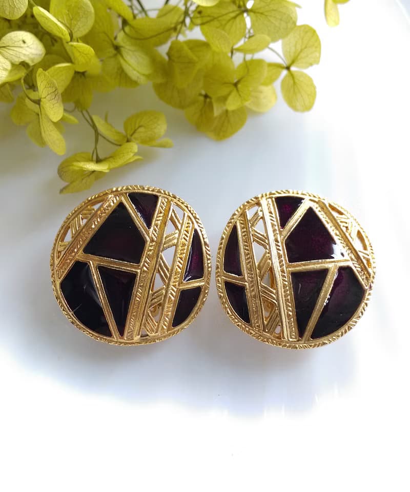 Vintage Jewelry 西洋古董飾品 BEREBI 幾何深紫琺瑯 夾式耳環