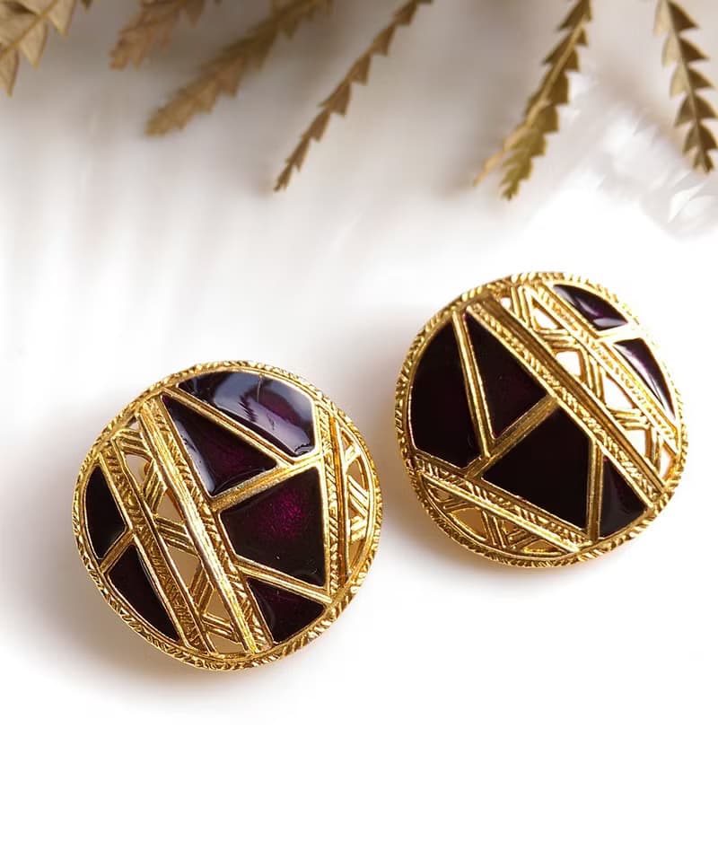Vintage Jewelry 西洋古董飾品 BEREBI 幾何深紫琺瑯 夾式耳環