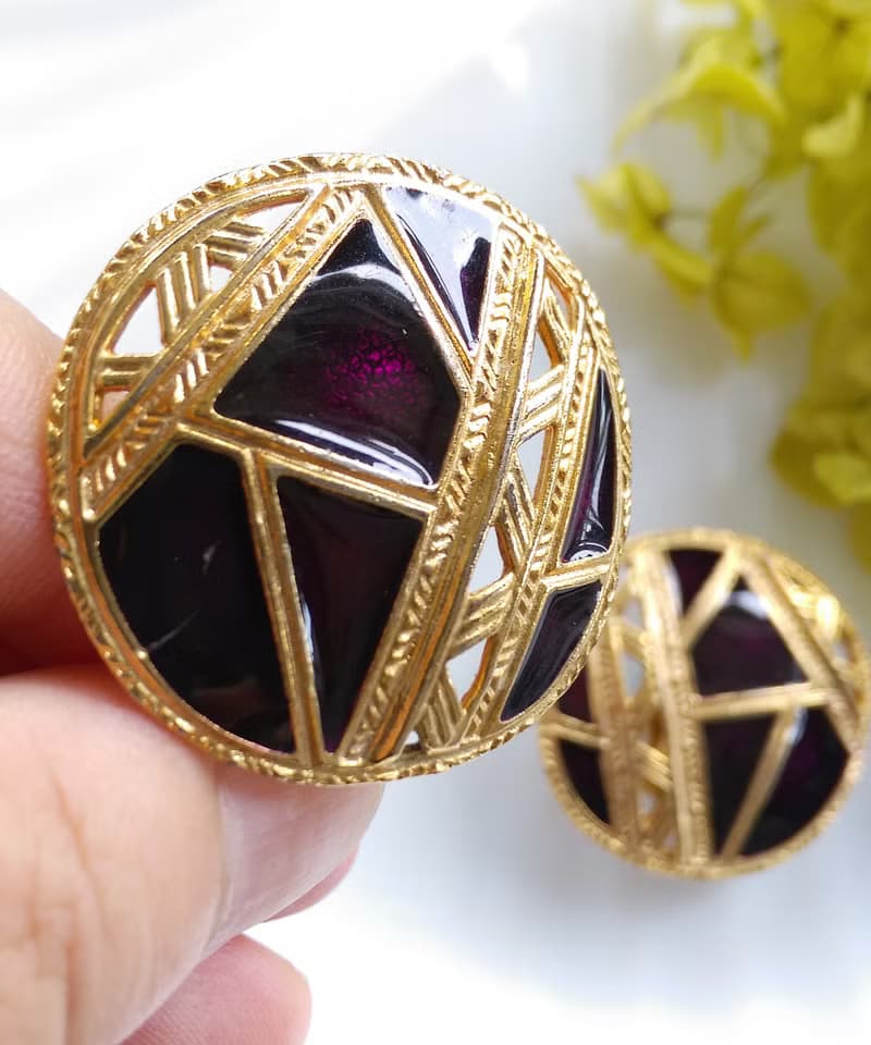 Vintage Jewelry 西洋古董飾品 BEREBI 幾何深紫琺瑯 夾式耳環