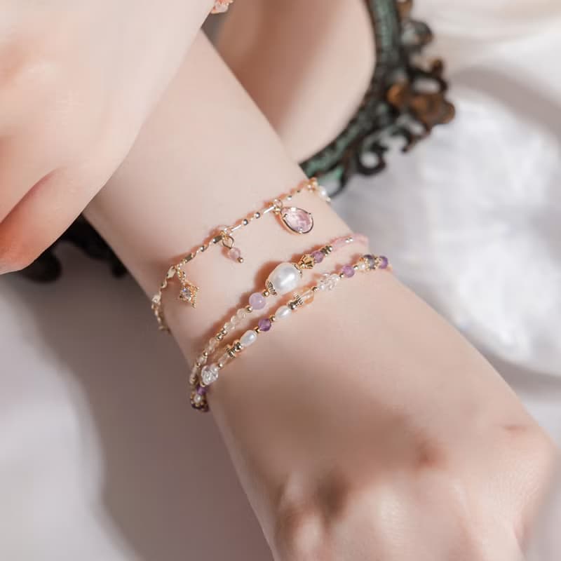 貴人 x 珍珠 紫水晶 粉貓眼石 【世界盡頭的戀人】雙層手鍊