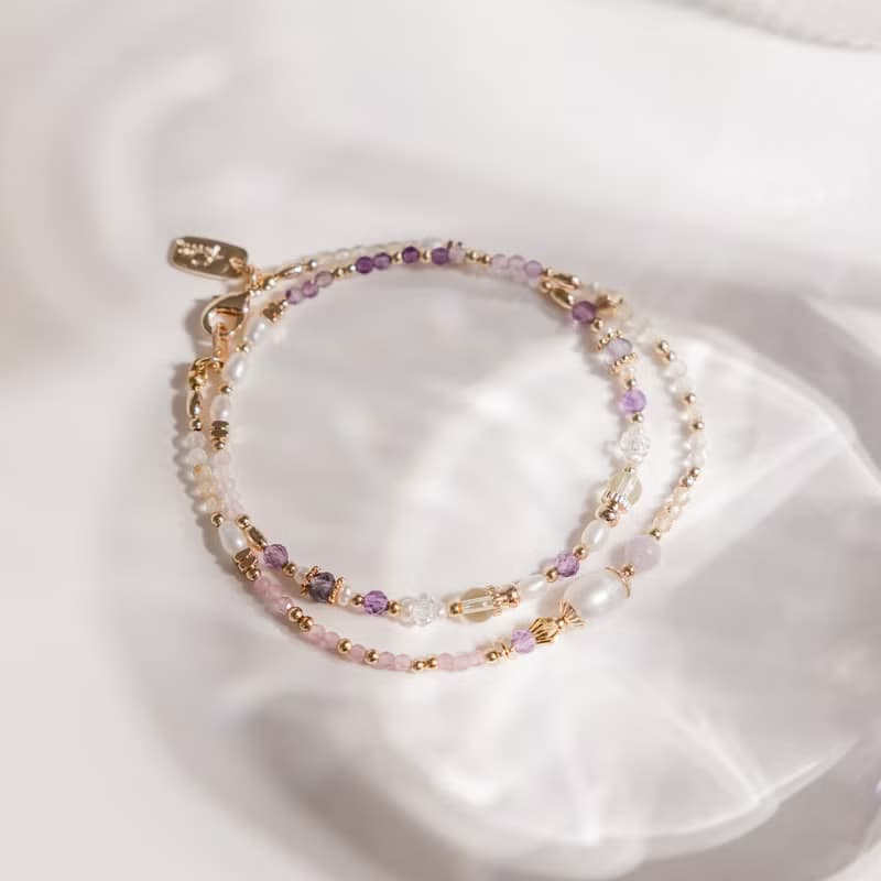 貴人 x 珍珠 紫水晶 粉貓眼石 【世界盡頭的戀人】雙層手鍊