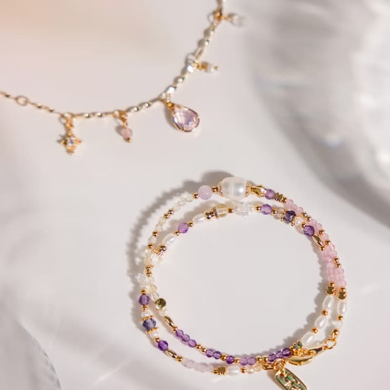 貴人 x 珍珠 紫水晶 粉貓眼石 【世界盡頭的戀人】雙層手鍊