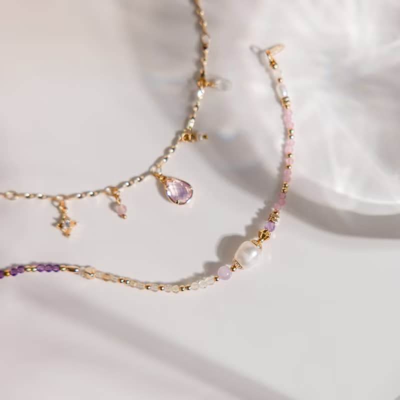 貴人 x 珍珠 紫水晶 粉貓眼石 【世界盡頭的戀人】雙層手鍊