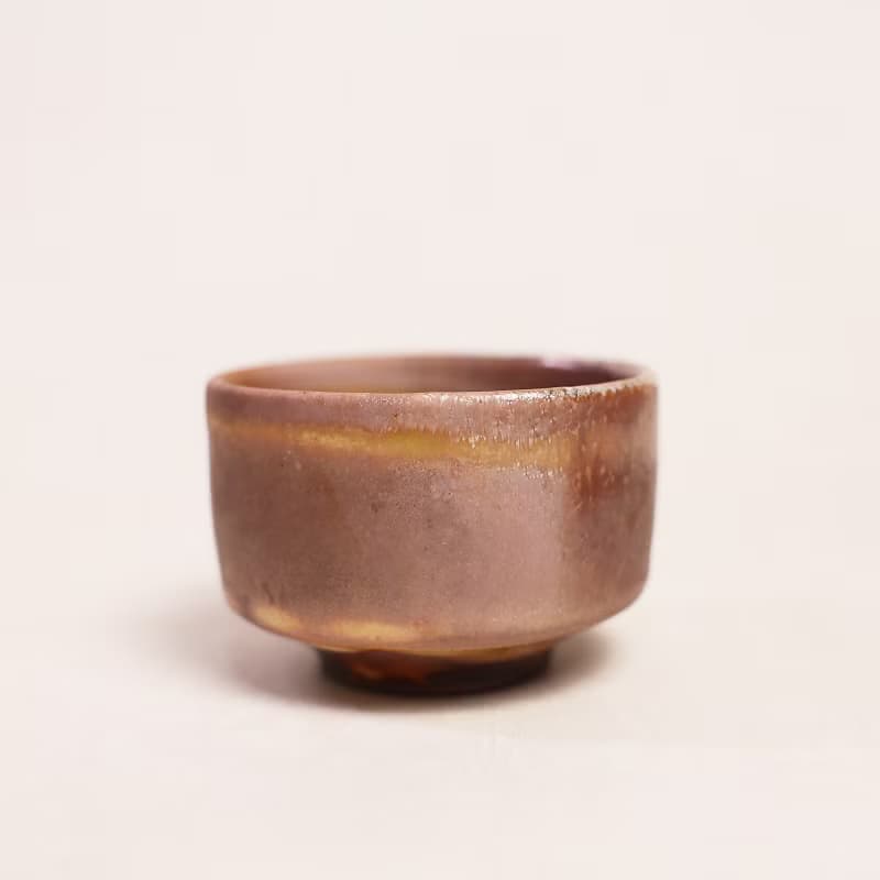 明芽窯 l 柴燒志野小茶碗 橘紅 金 陶器 陶藝品 蒐藏品 T