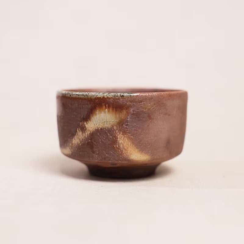 明芽窯 l 柴燒志野小茶碗 橘紅 金 陶器 陶藝品 蒐藏品 T