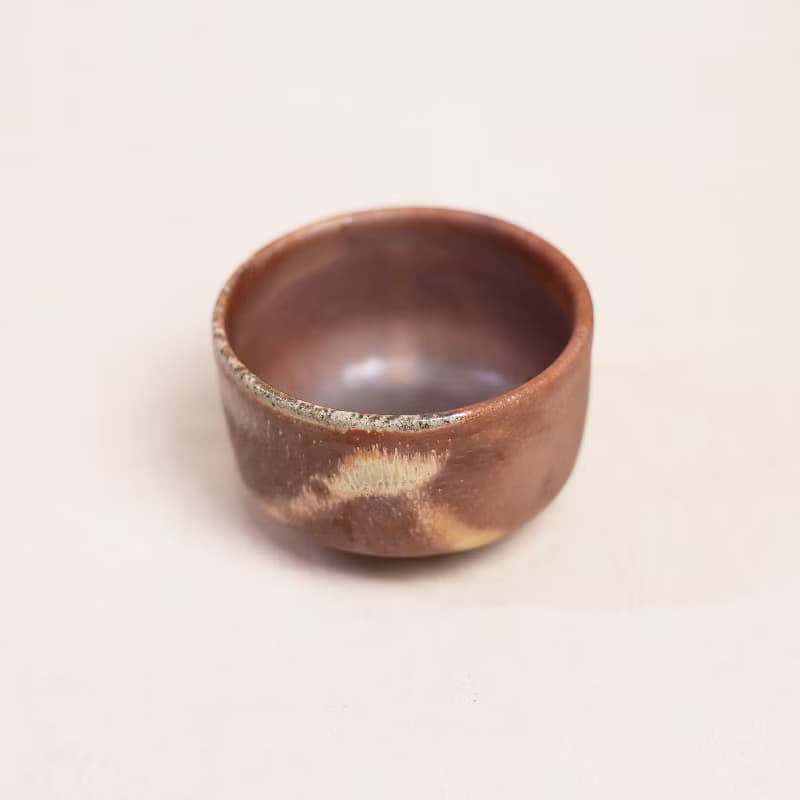 明芽窯 l 柴燒志野小茶碗 橘紅 金 陶器 陶藝品 蒐藏品 T