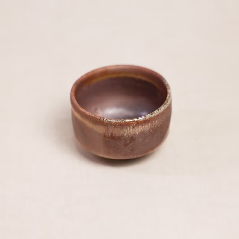 明芽窯 l 柴燒志野小茶碗 橘紅 金 陶器 陶藝品 蒐藏品 T