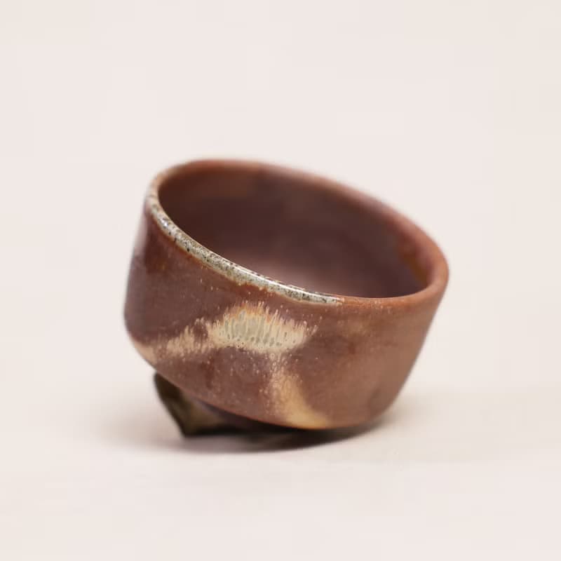 明芽窯 l 柴燒志野小茶碗 橘紅 金 陶器 陶藝品 蒐藏品 T