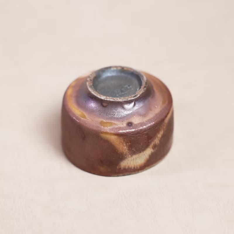 明芽窯 l 柴燒志野小茶碗 橘紅 金 陶器 陶藝品 蒐藏品 T