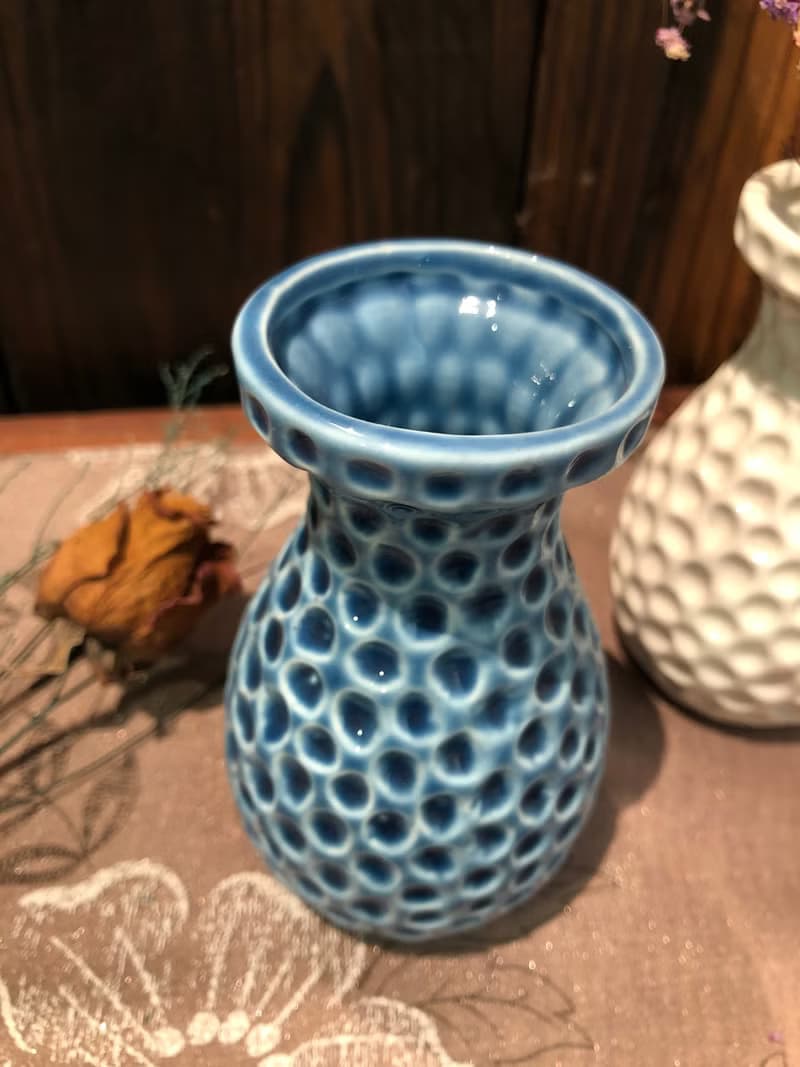 陶瓷圓點刻紋造型 藍釉小花器 花瓶擺件 辦公桌 茶席