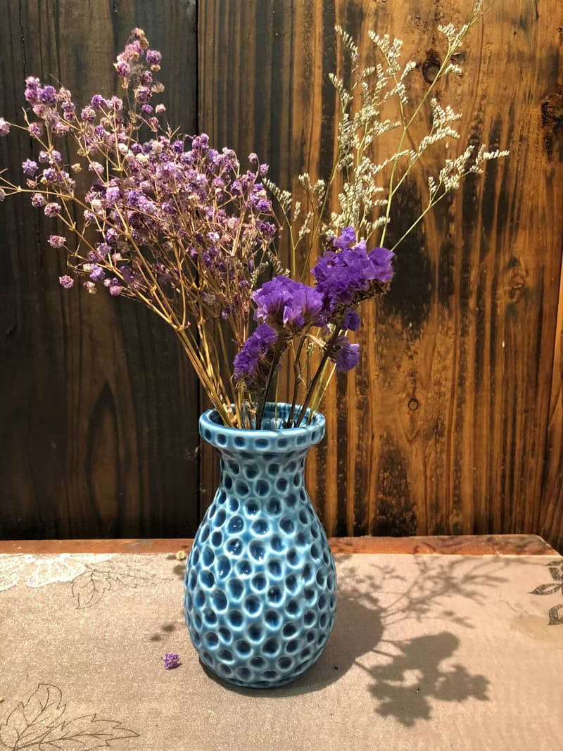 陶瓷圓點刻紋造型 藍釉小花器 花瓶擺件 辦公桌 茶席