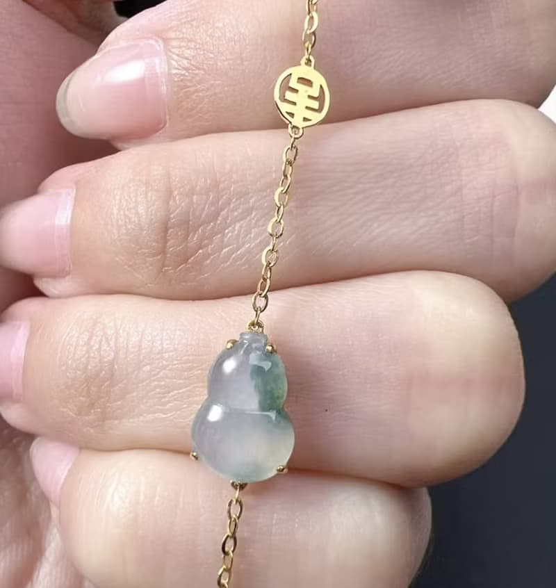 【福祿】冰種飄花翡翠葫蘆手鍊 18K金 | 天然緬甸玉翡翠A貨| 送禮