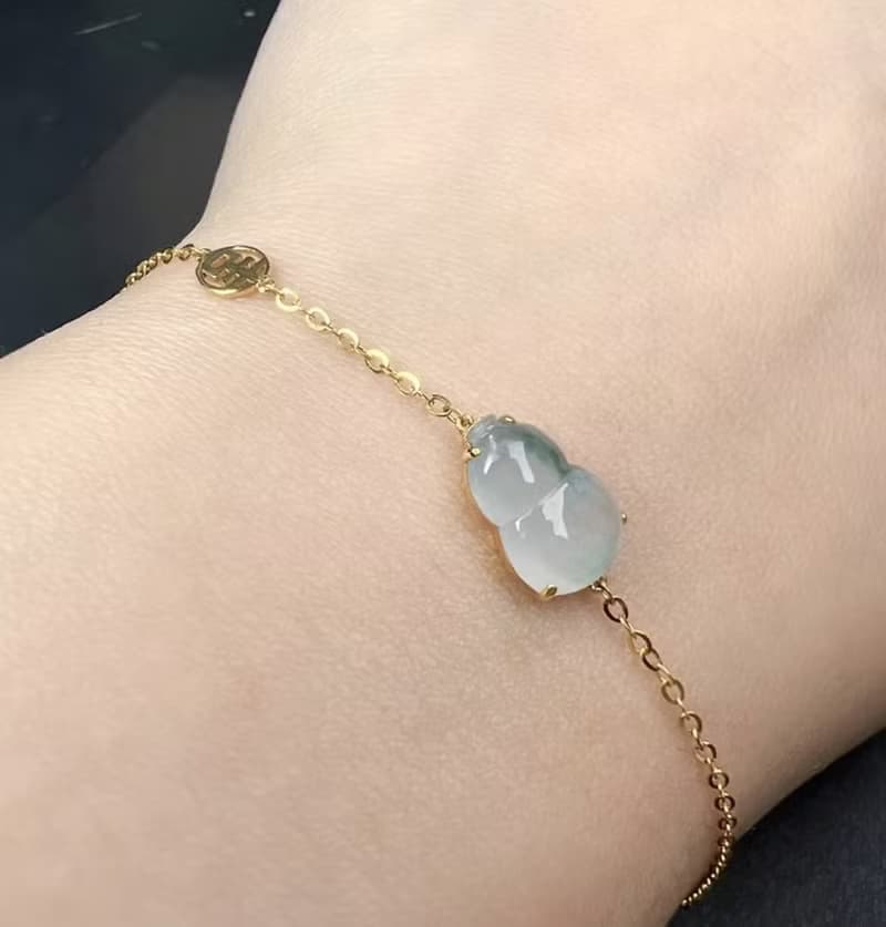 【福祿】冰種飄花翡翠葫蘆手鍊 18K金 | 天然緬甸玉翡翠A貨| 送禮
