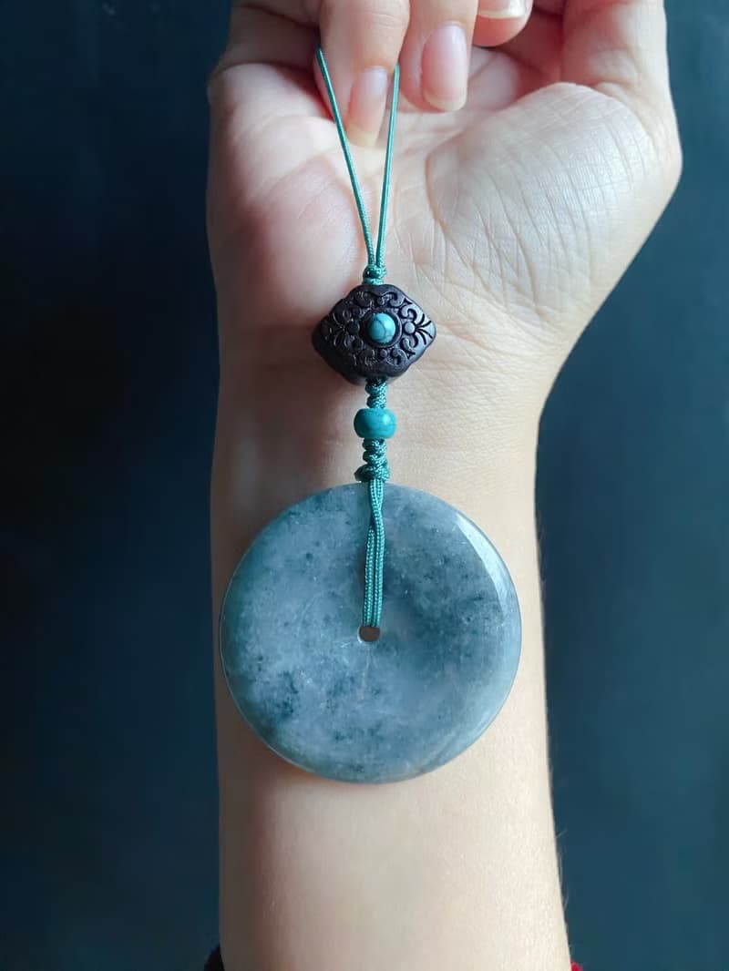 天然緬甸玉翡翠 烏雞 綠底 平安扣 黑檀木 綠松 包掛 手機掛 禮物