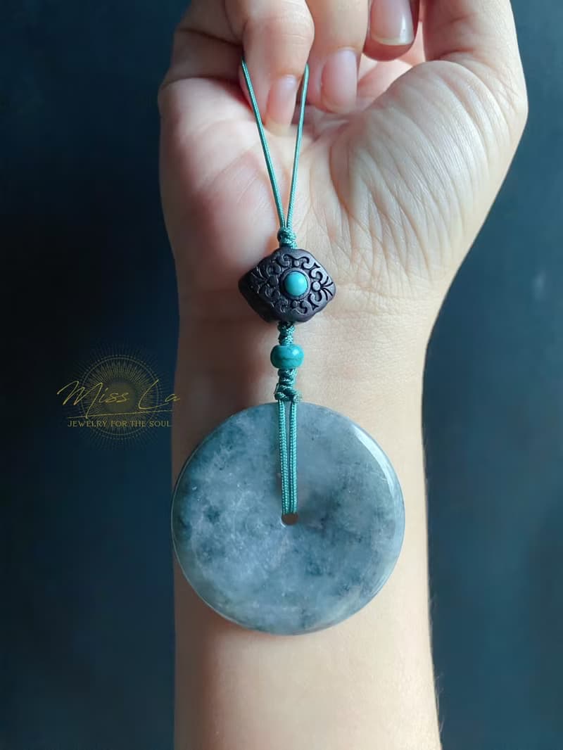 天然緬甸玉翡翠 烏雞 綠底 平安扣 黑檀木 綠松 包掛 手機掛 禮物