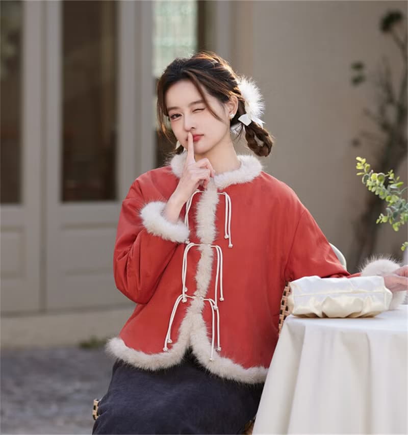 喜慶紅色 中式秋冬夾棉繫帶少女棉服外套 新中式中秋春節改良旗袍