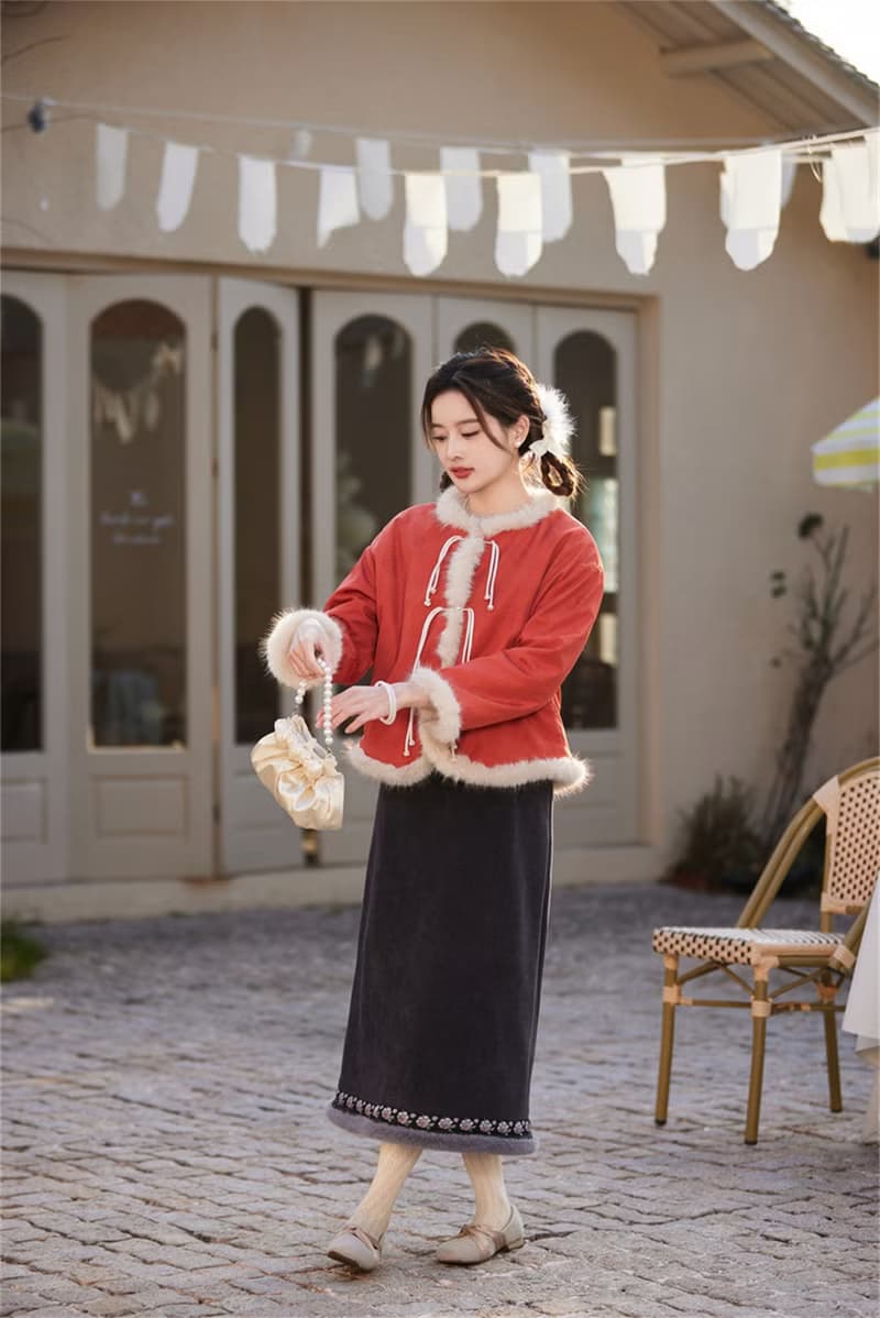 喜慶紅色 中式秋冬夾棉繫帶少女棉服外套 新中式中秋春節改良旗袍
