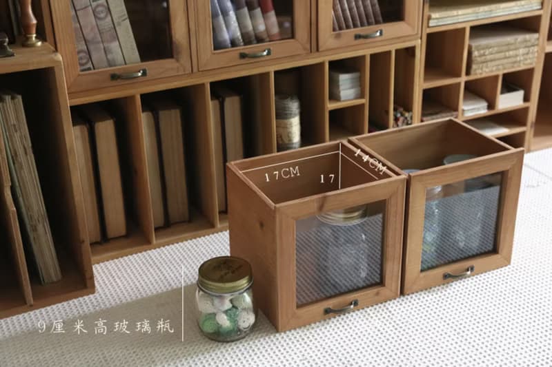 古早素白玻璃 原木三抽屜儲物櫃 防塵收納箱 組合式桌面整理