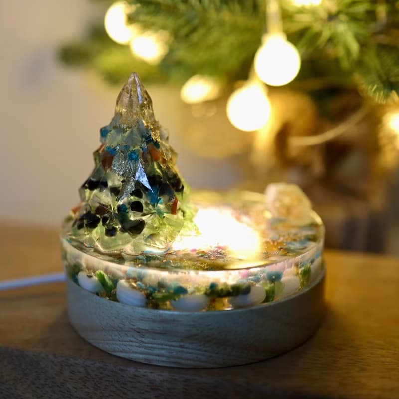 【快速出貨】綠色金箔水晶聖誕樹圓盤-能量樹黃水晶奧根手機支架