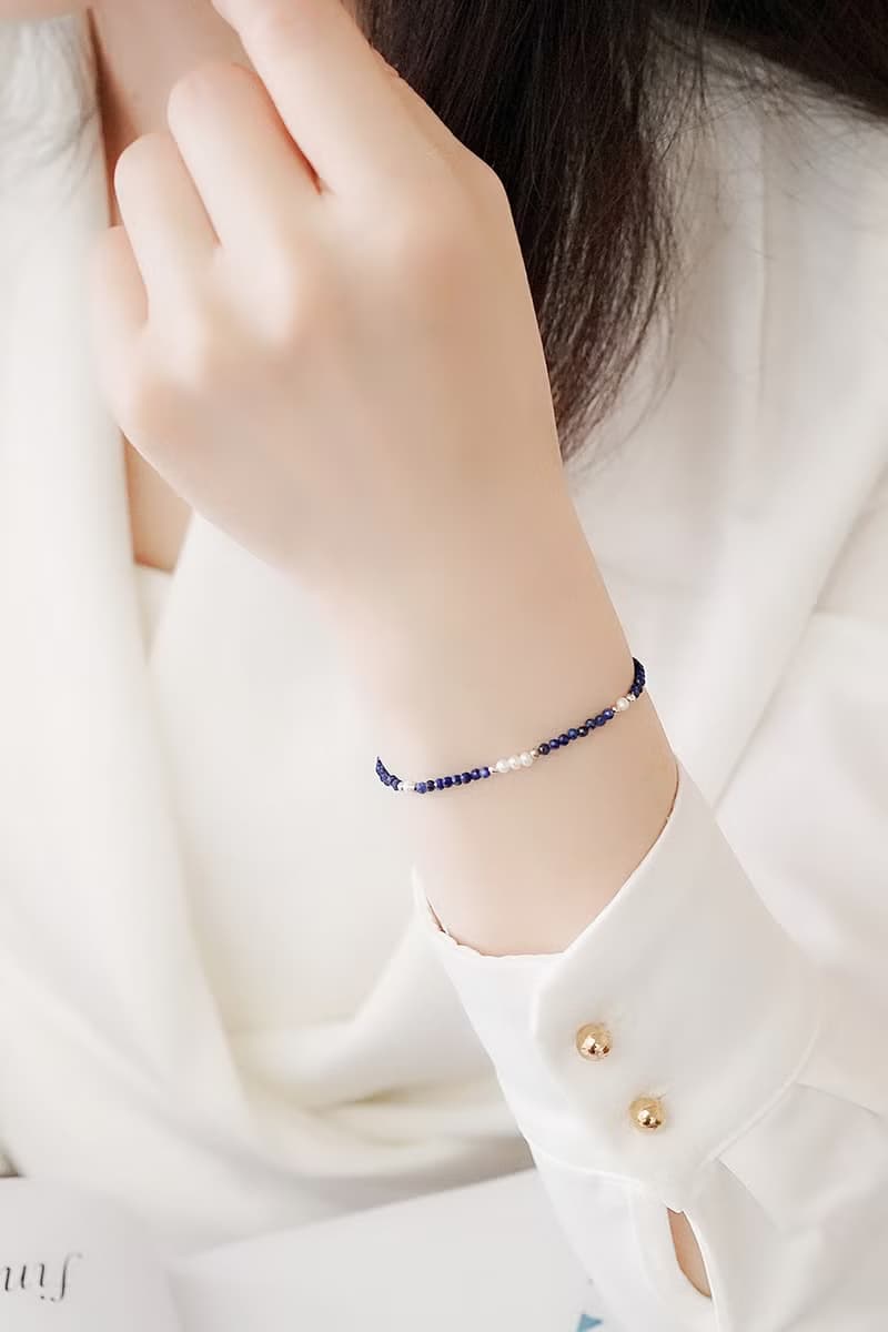 青金石圓舞曲純銀手鍊| 水晶淡水珍珠 女生手鏈手環 情人節禮物