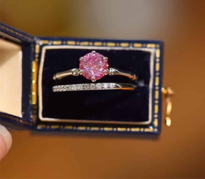 Pink Moissanite Ring and Wedding Band Set, 1 Ct Moissanite Ring