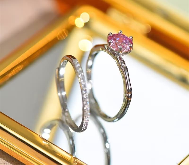 Pink Moissanite Ring and Wedding Band Set, 1 Ct Moissanite Ring